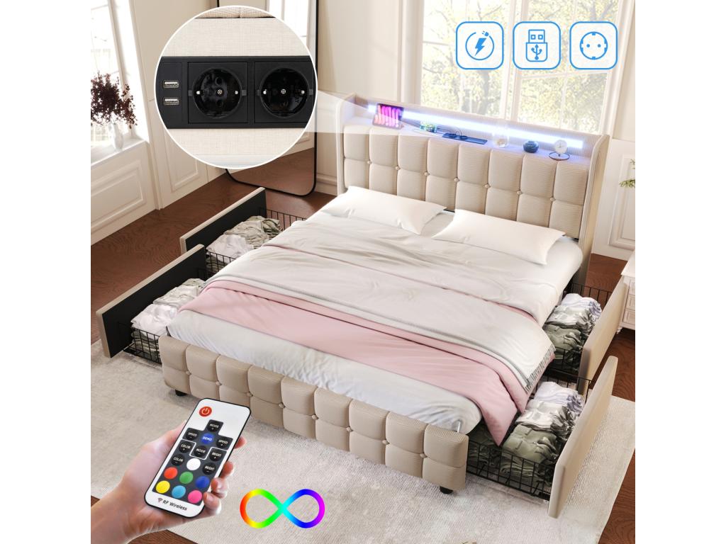 Lit 160x200cm avec tiroirs Lit double capitonné avec rangement éclairage LED Beige