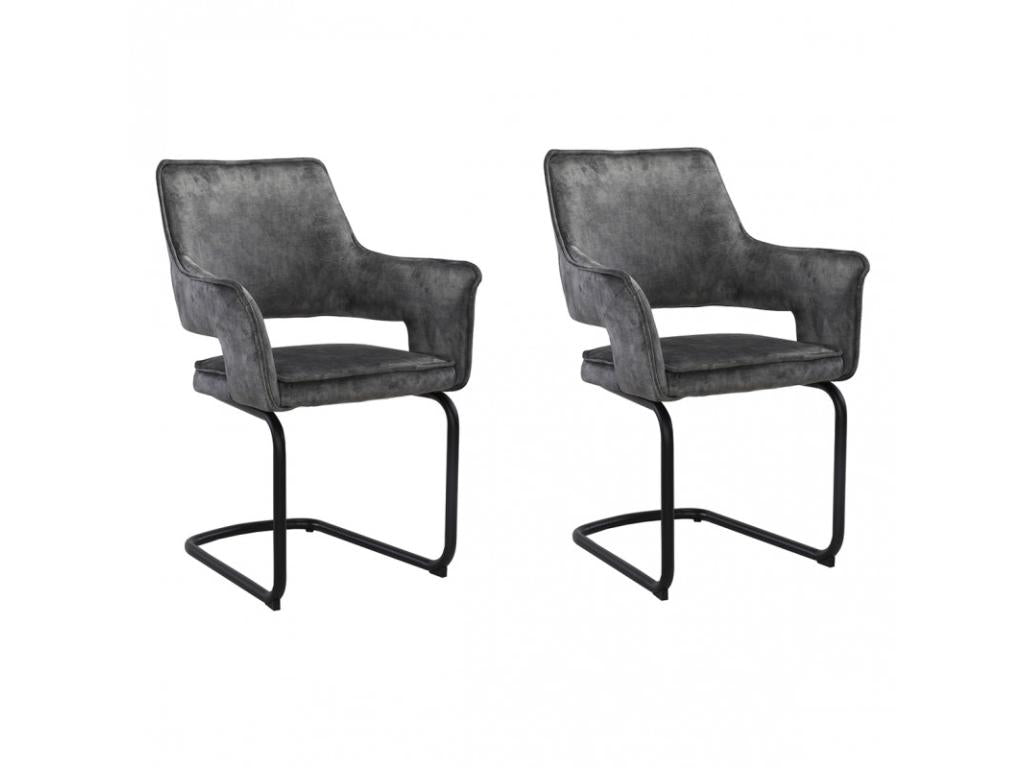 Lot de 2 chaises tissu gris foncé et piétement en métal noir - Meublori