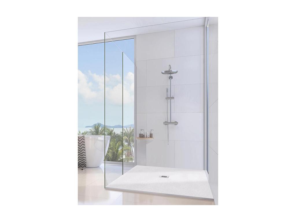 Receveur de douche 85x95 cm Meublori Slim blanc en résine synthétique et poudre de marbre avec évacuation gratuite