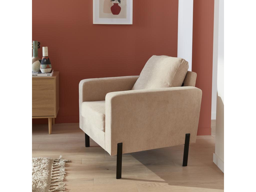 Fauteuil en velours côtelé beige - Meublori - Canapé 1 place fixe droit pieds métal