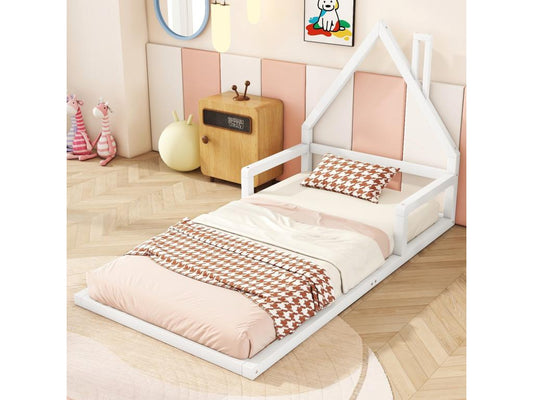 Lit cabane 90x200cm lit enfant plat en forme maison avec sommier à Meublori en pin massif blanc