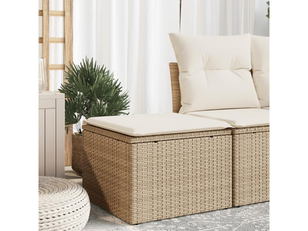 Tabouret de jardin avec coussin beige 55x55x37cm résine tressée