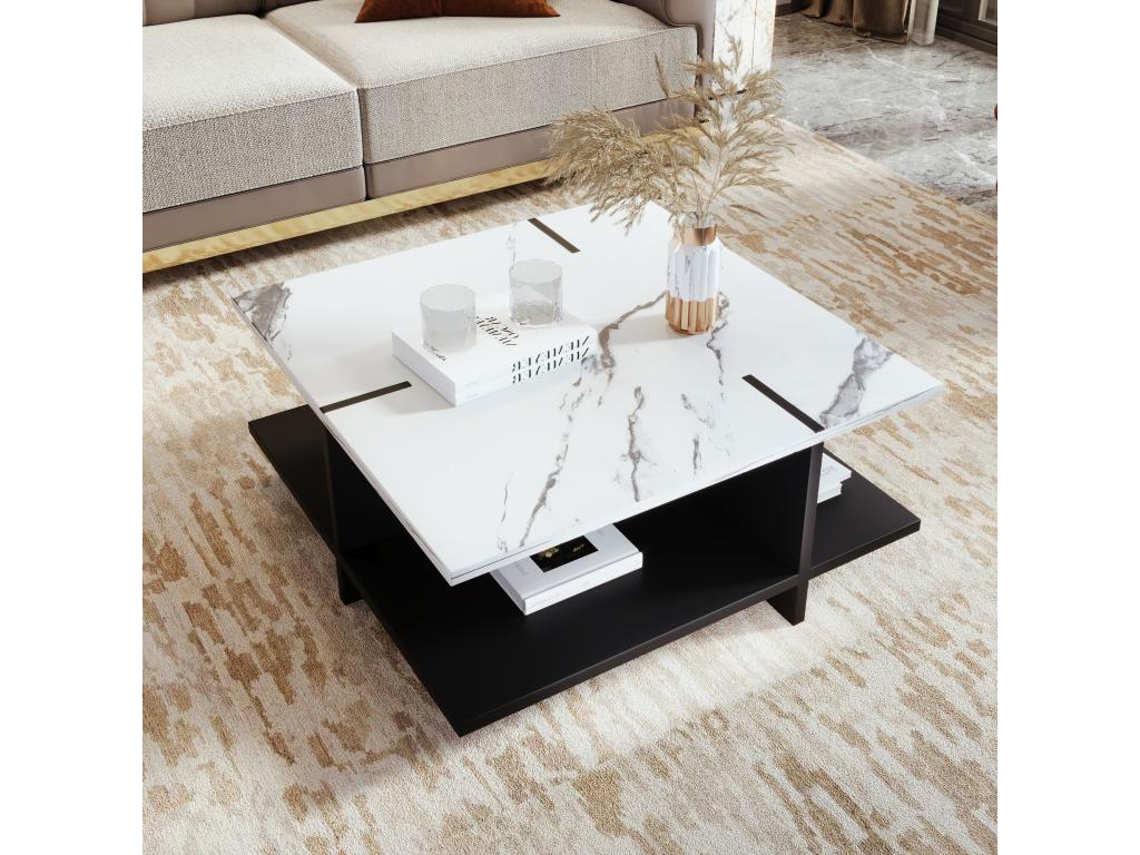 Table basse carrée avec compartiment de rangement ouvert - 72x72x32 cm - bois MDF - blanc et noir