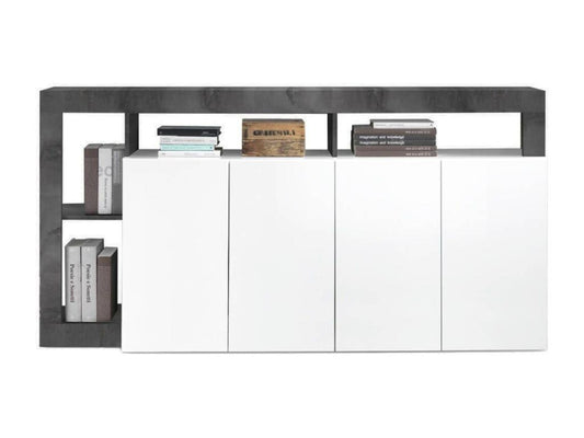Meublori - Buffet 4 Portes Blanc Laqué Encadrement Niches Aspect Gris Meublori