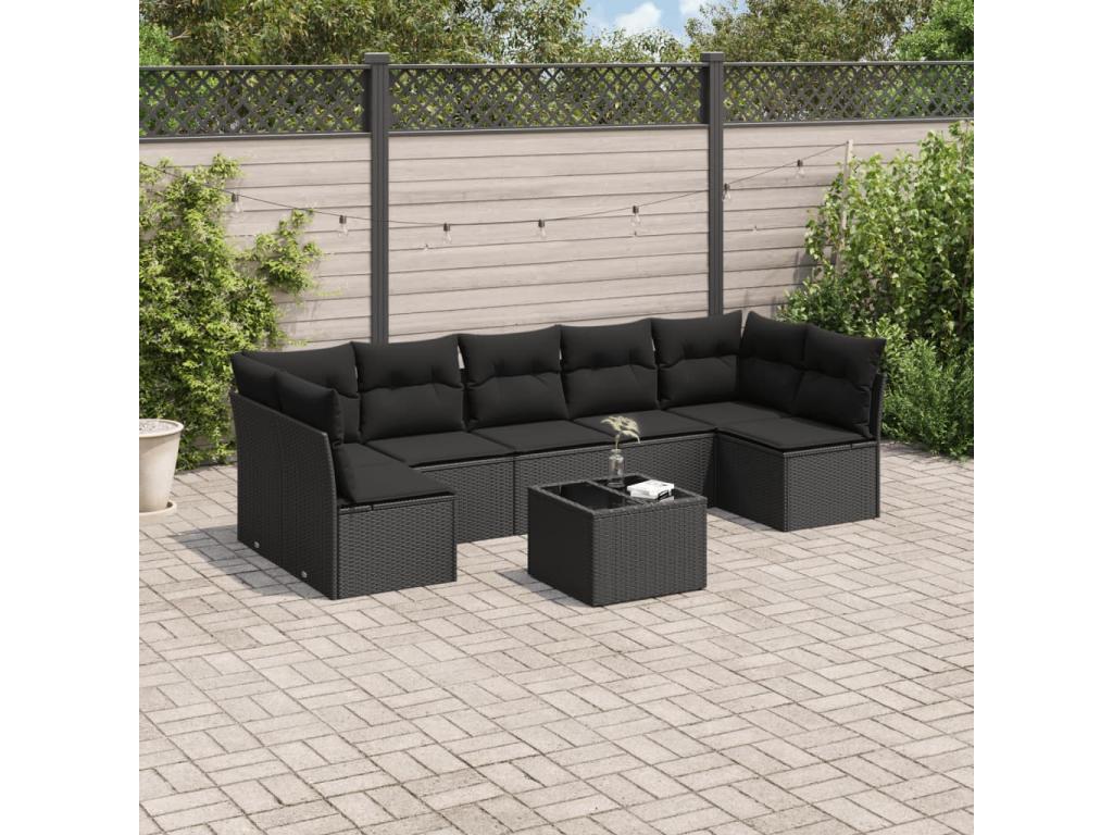 Salon de jardin 8 pcs avec coussins noir résine tressée
