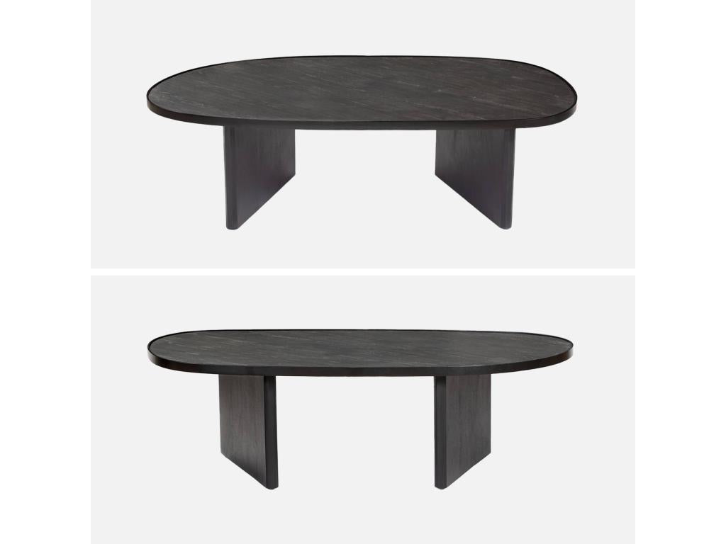 Table basse ovale bois de manguier et placage pierre noire- rebord en métal- L 119.5 x P 60 x H 35cm