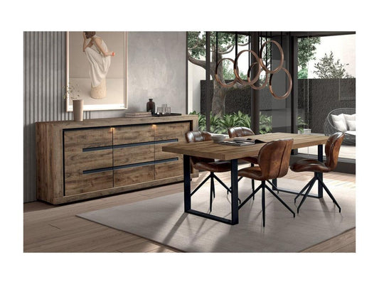 Meublori - Ensemble Buffet 3 Portes et Table 170 cm Aspect Bois Finition Meublori Piètement U Métal Noir