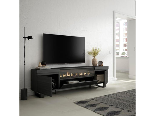 Meuble TV Banc Télé 200x57x35cm Pour les TV jusqu'à 80 Cheminée électrique Design industriel Noir