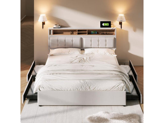 Lit double 160x200 cm avec 4 tiroirs et prise USB C - tête de lit réglable - beige TQKS57317