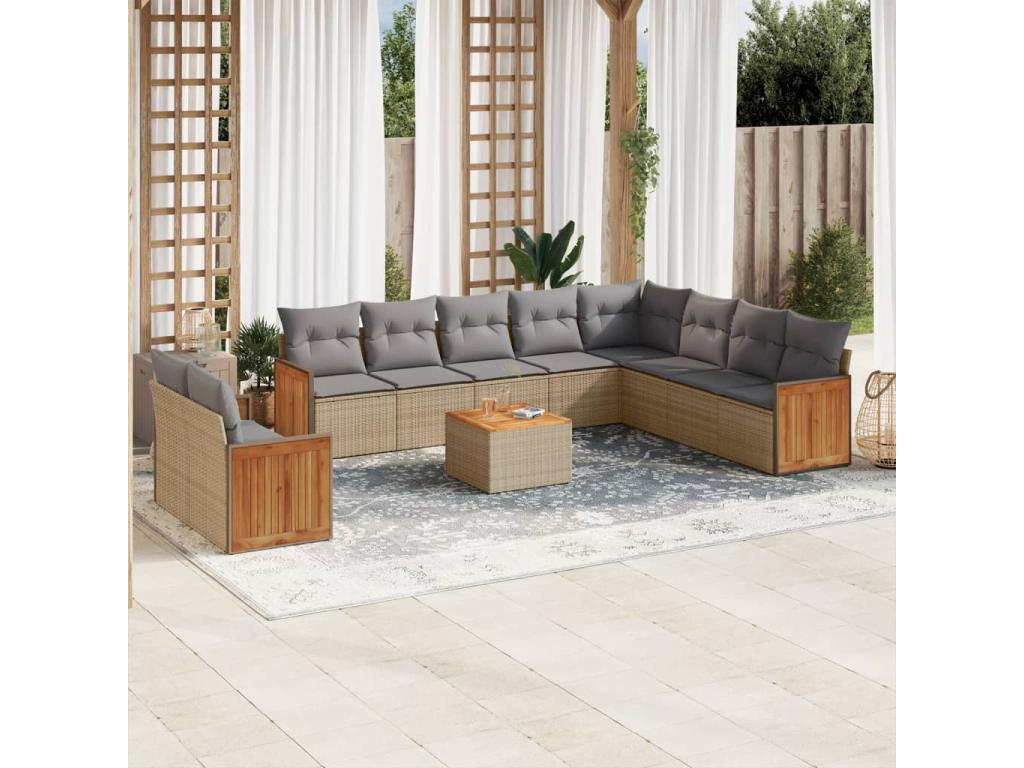 Salon de jardin 11 pcs avec coussins beige résine tressée