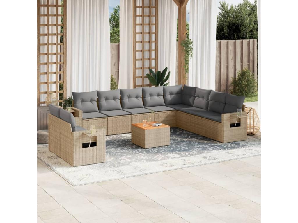 Salon de jardin et coussins 11 pcs méMeublori beige résine tressée