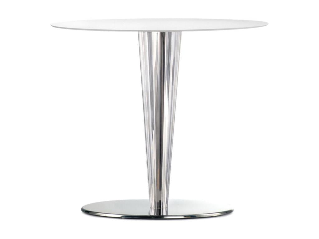 Table ronde design acier poli et plateau en stratifié blanc 130cm