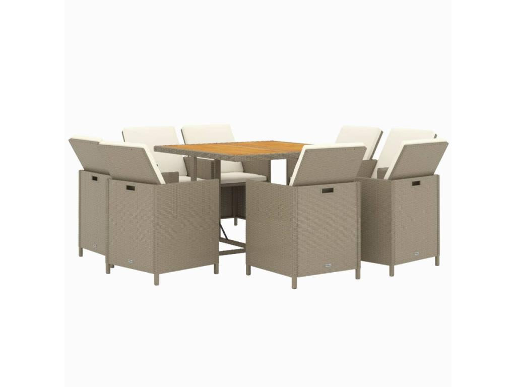 Ensemble à manger de jardin et coussins 9 pcs Poly rotin Beige