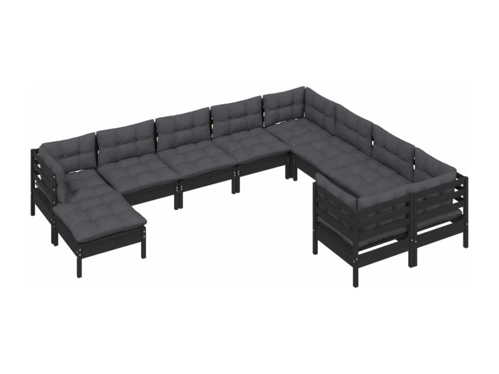 Salon de jardin 10 pcs avec coussins Noir Bois de pin