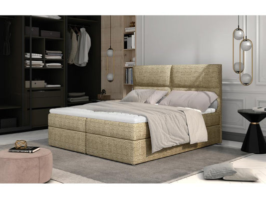 Lit continental capitonné tissu beige clair chiné Meublori-160x200
