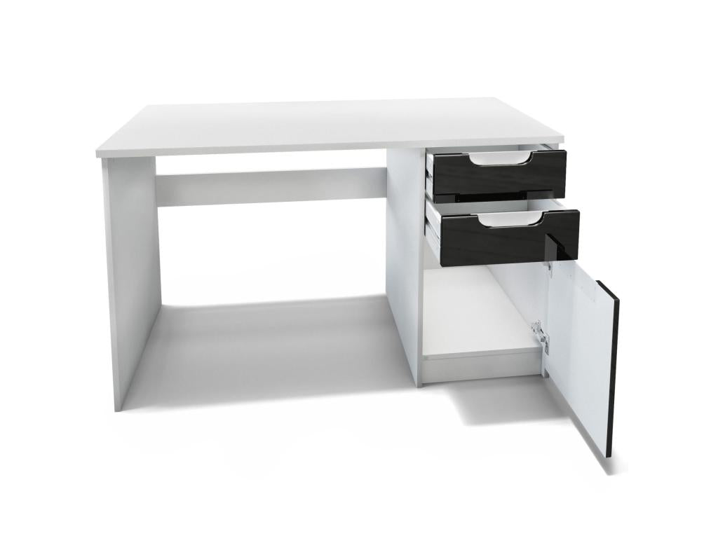 Bureau Avec 2 Tiroirs Et D'une Porte Blanc Mat/noir Haute Brillance 129x76x60 Cm