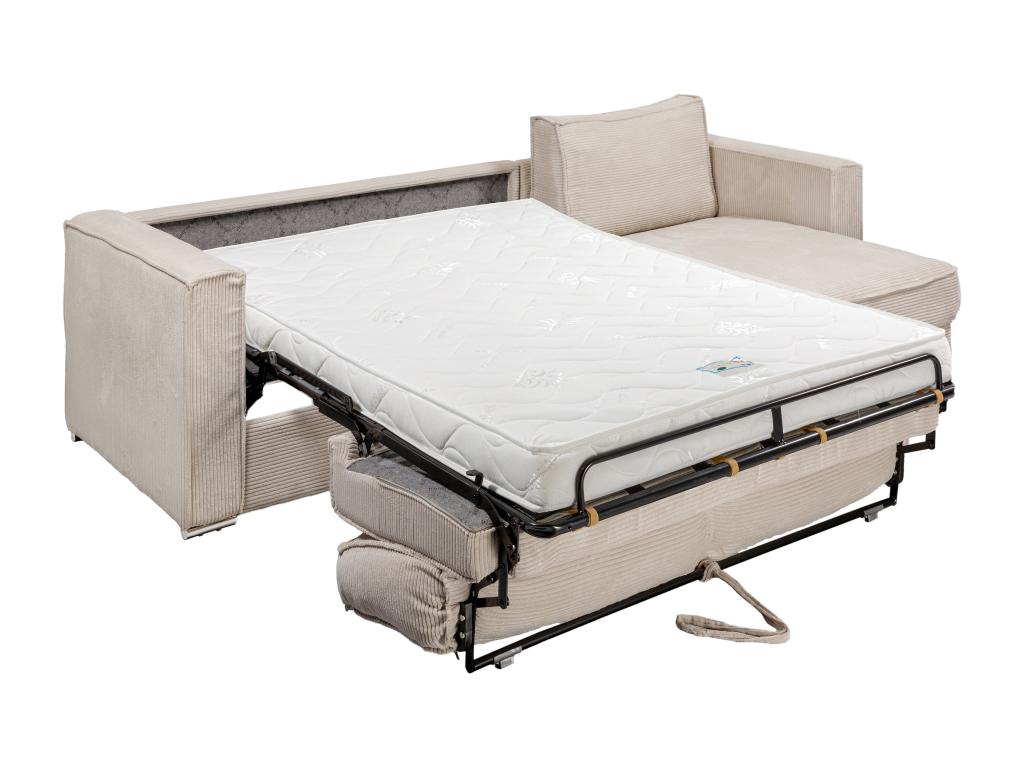 Canapé d'angle convertible express et réversible en velours côtelé beige - Couchage à Meublori larges 160 cm - Matelas 14 cm Meublori