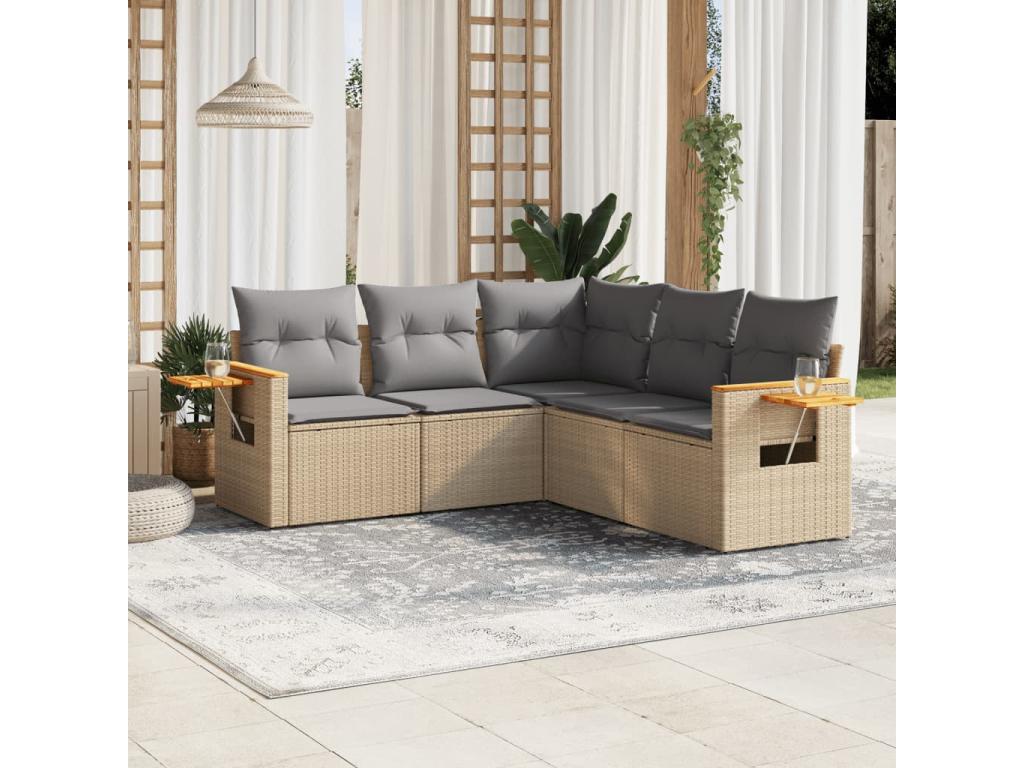 Salon de jardin avec coussins 5 pièces beige résine tressée