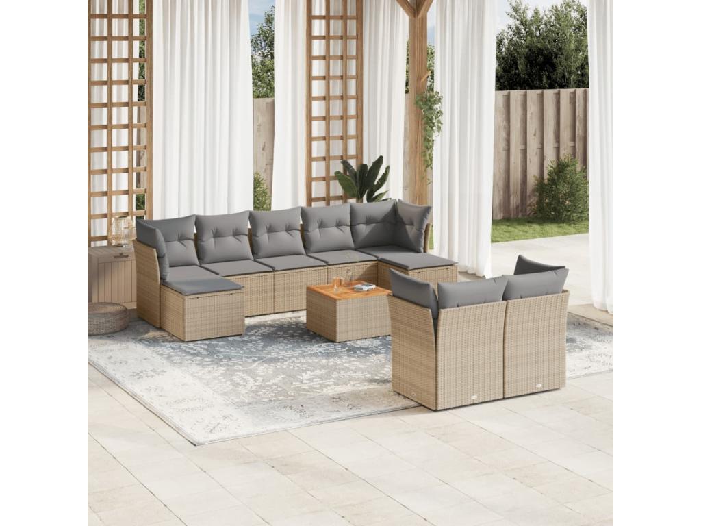 Salon de jardin avec coussins 10 pcs beige résine tressée
