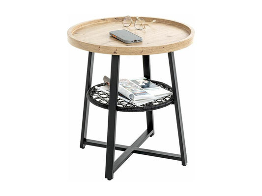 Table basse Table de salon ronde en bois chêne et métal noir - diamètre 50 x hauteur 55 cm