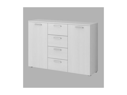 Chambre à coucher Meublori Armoire 200cm Lit 140x200 commode chevets- Coloris blanc effet bois.