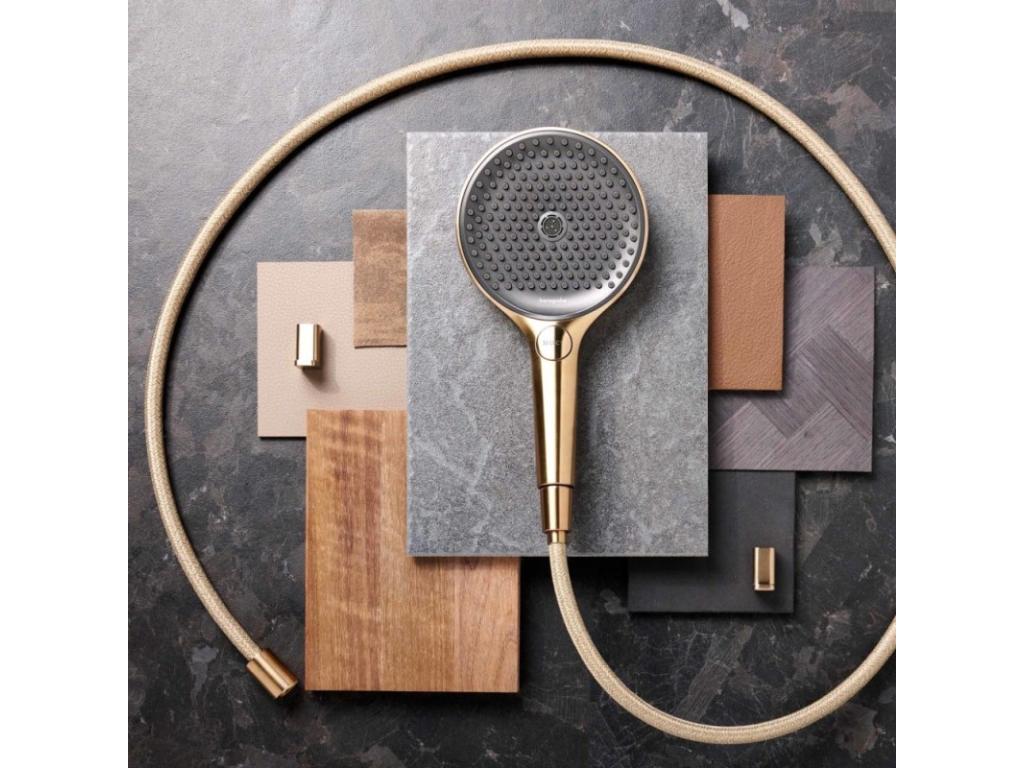 Pommeau de douche Meublori Raindance Select S EcoSmart 120 3 jets aspect doré poli flexible de douche Meublori Designflex 160 cm doré poli