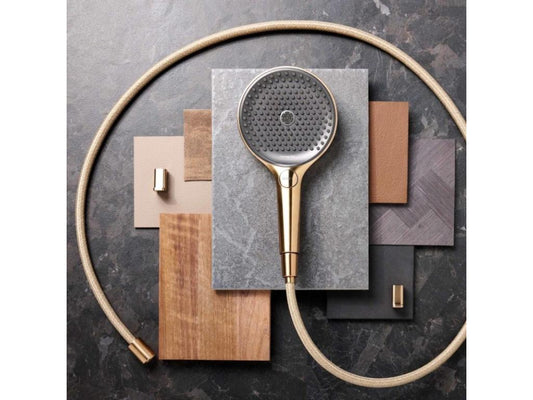 Meublori Raindance Select S EcoSmart 120 3-jet shower head, polished gold finish; Meublori Designflex 160 cm shower hose, polished gold finish