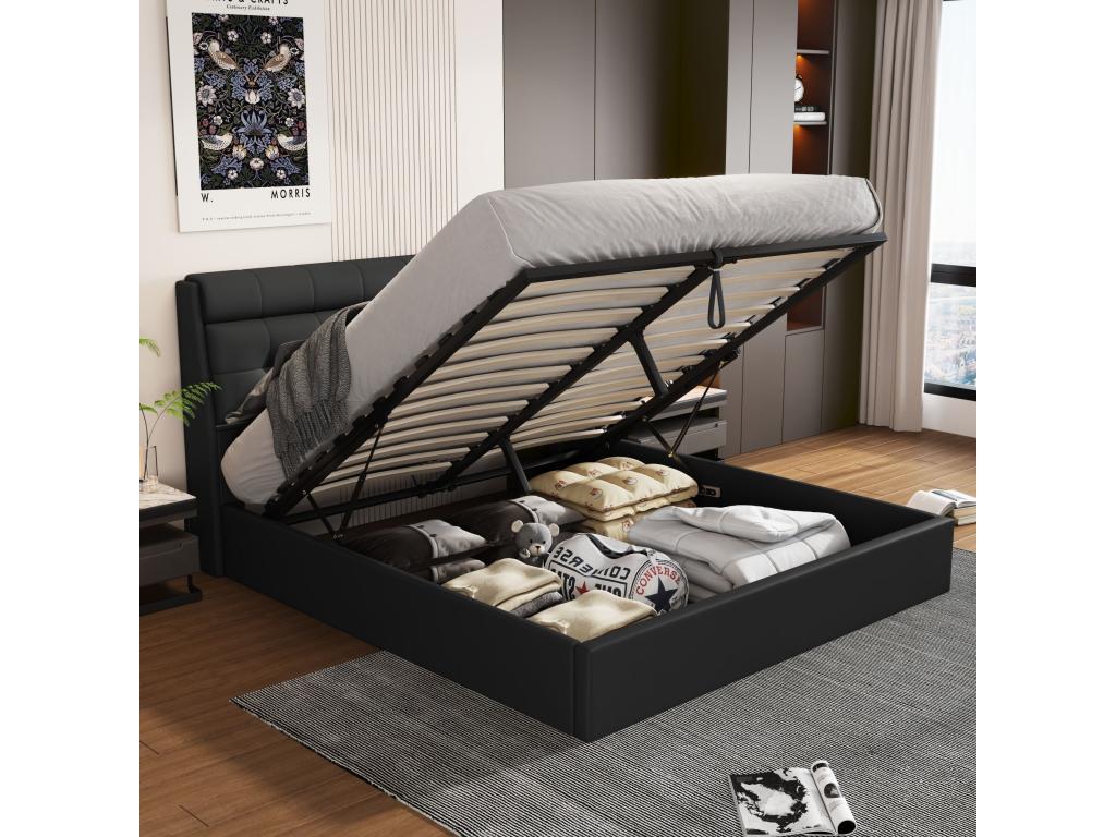 Lit coffre élégant 140x190 cm - étagère tête de lit dissimulée - similicuiir - sommier à Meublori - noir