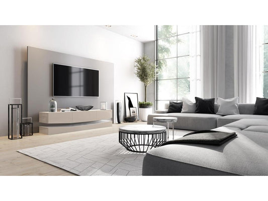 Meuble TV Avec Socle Blanc et gris Sable Haute Brillance 178 x Variable X 39 Cm