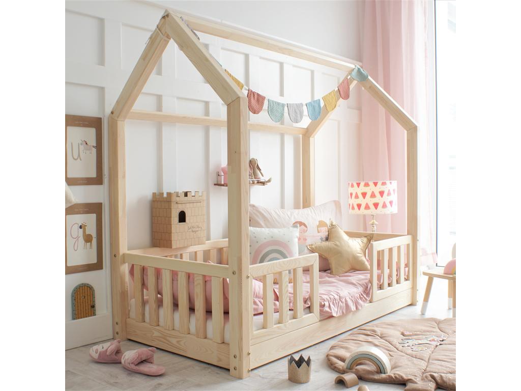 Lit cabane 90x190 barrières et sommier inclus pieds 1 cm Meublori Bois