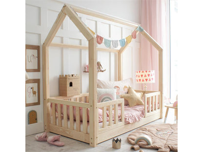 Lit cabane 90x190 barrières et sommier inclus pieds 1 cm Meublori Bois