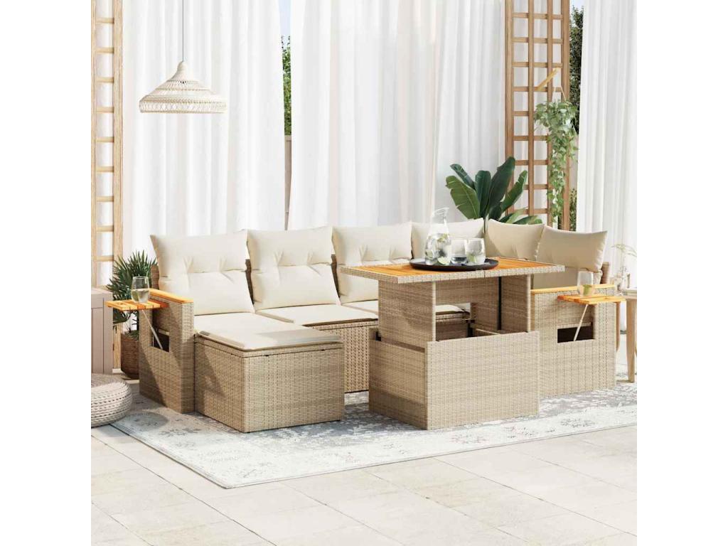 Salon de jardin avec coussins 7 pièces beige résine tressée Meublori