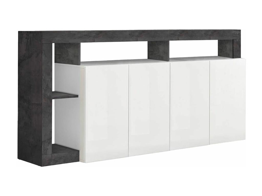 Meublori - Buffet 4 Portes Blanc Laqué Encadrement Niches Aspect Gris Meublori