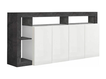 Meublori - Buffet 4 Portes Blanc Laqué Encadrement Niches Aspect Gris Meublori