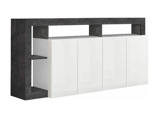 Meublori - Buffet 4 Portes Blanc Laqué Encadrement Niches Aspect Gris Meublori