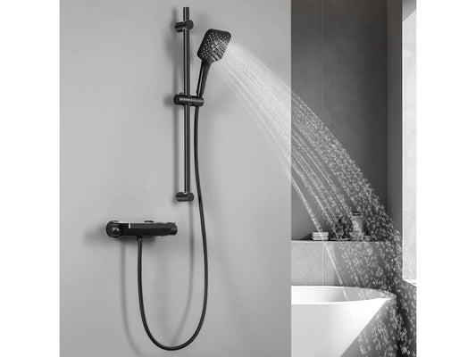 Meublori max Colonne de Douche 38 C Thermostatique Noir Etagères en Verre Trempé Douchette à Main 3 Types de Jets