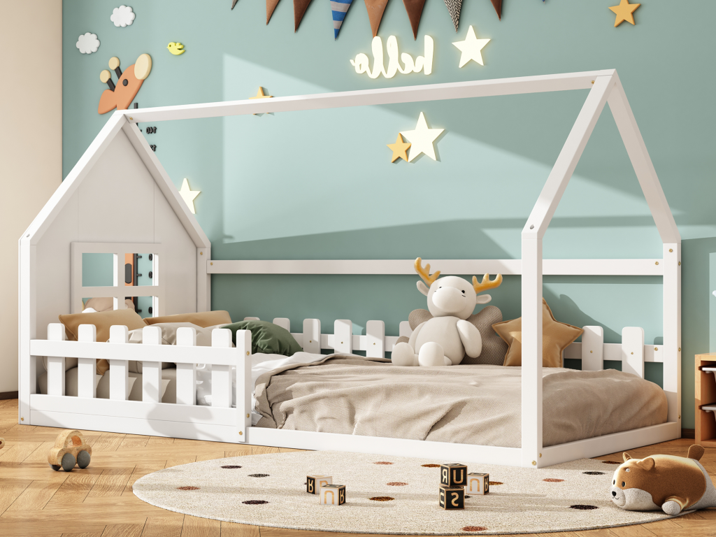 Lit cabane 90x200 cm lit enfant avec fenêtre Bois en pin Sommier à Meublori Blanc