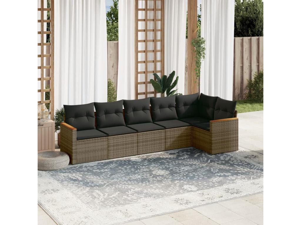 Salon de jardin 6 pcs avec coussins gris résine tressée