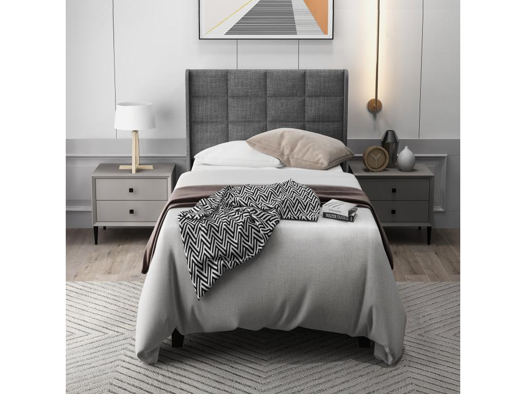 Lit Rembourré Simple 90x200 cm Moderne Avec Tête De Lit - Sommier À Meublori - Lin - Gris - Sans Matelas