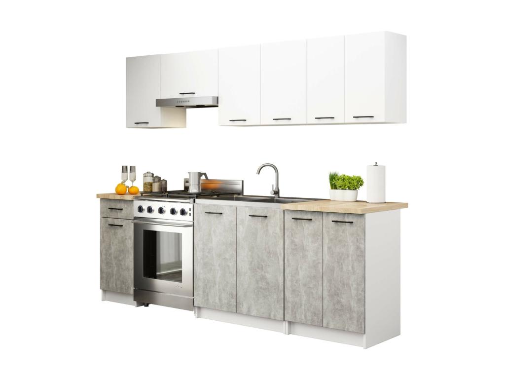 Ensemble De Cuisine Meublori Blanc 240 cm 11 portes 1 tiroir façade Béton 240x46x203 cm