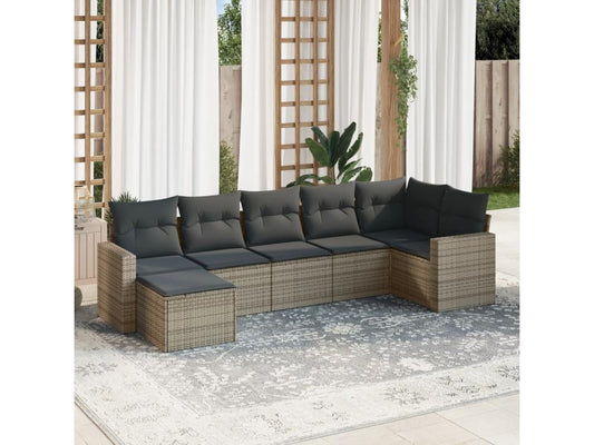 Salon de jardin avec coussins 7 pcs gris résine tressée