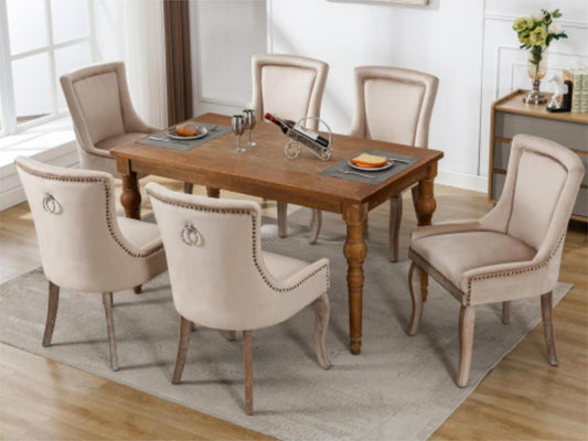 Lot de 6 chaises en velours - avec pieds en bois massif - beige