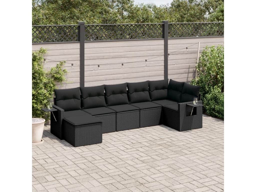 Salon de jardin 7 pcs avec coussins noir résine tressée