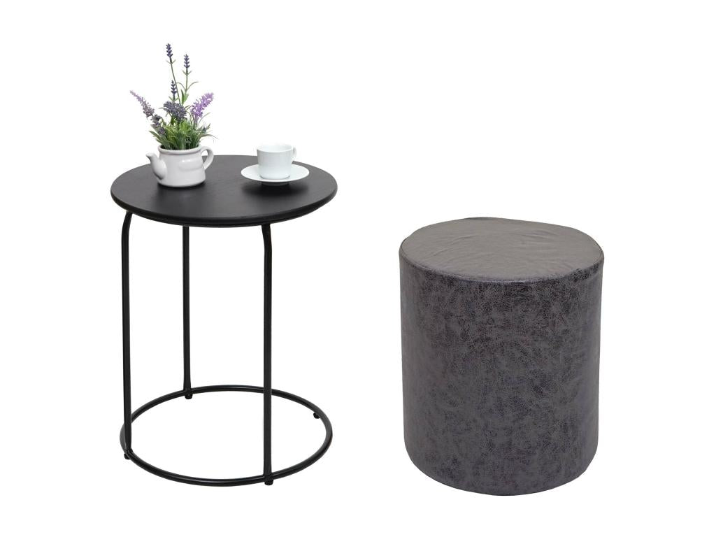 Lot de 2 poufs et table d'appoint Meublori-K48 - table basse table tabouret - certifié Meublori MDF métal similicuir - noir