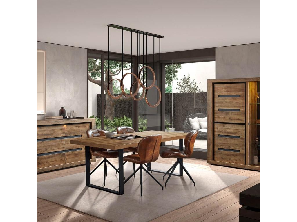 Meublori - Ensemble Buffet 3 Portes et Table 170 cm Aspect Bois Finition Meublori Piètement U Métal Noir