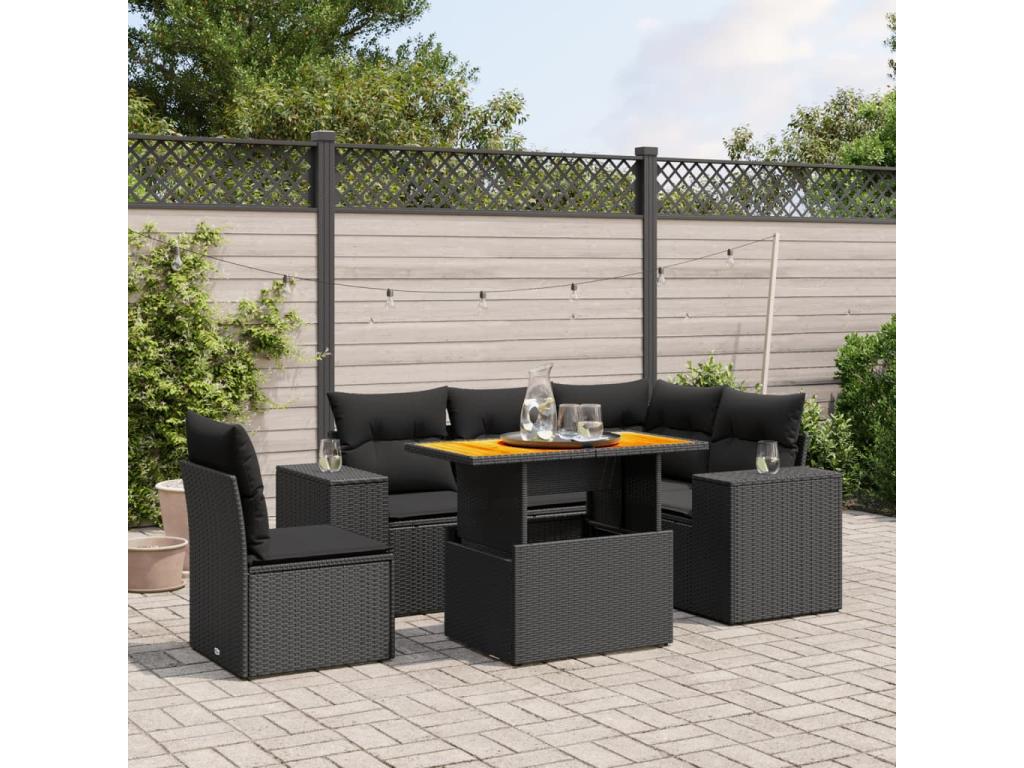 Salon de jardin 6 pcs avec coussins noir résine tressée AVKF72087