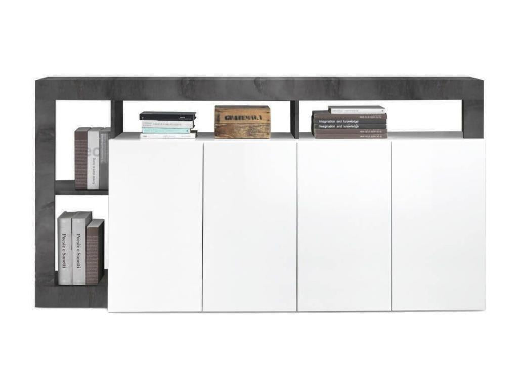 Meublori - Buffet 4 Portes Blanc Laqué Encadrement Niches Aspect Gris Meublori