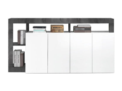 Meublori - Buffet 4 Portes Blanc Laqué Encadrement Niches Aspect Gris Meublori