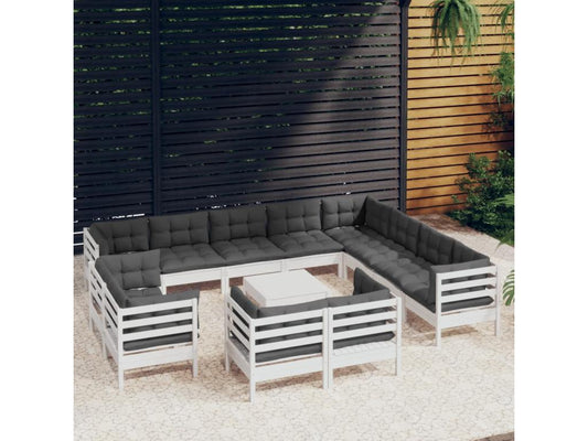 Salon de jardin 13 pcs avec coussins blanc bois de pin solide