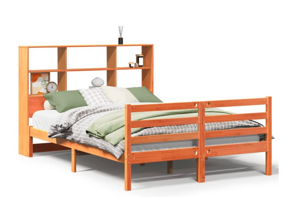 Lit bibliothèque sans matelas cire marron 140x190cm bois massif